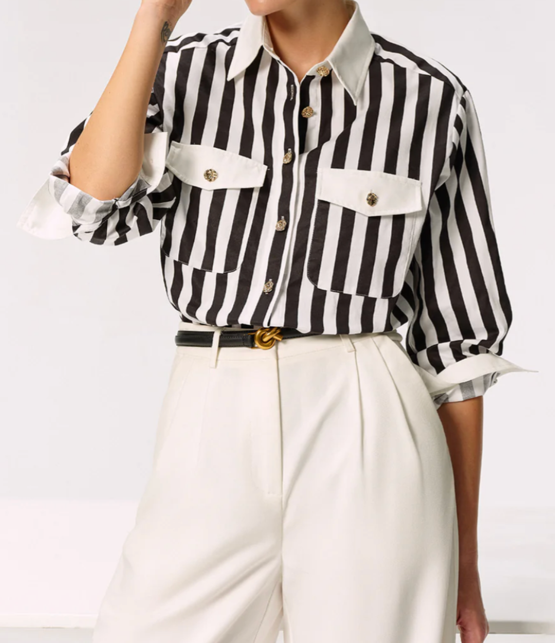 Cotton Blend Stripe Metal Button Shirt