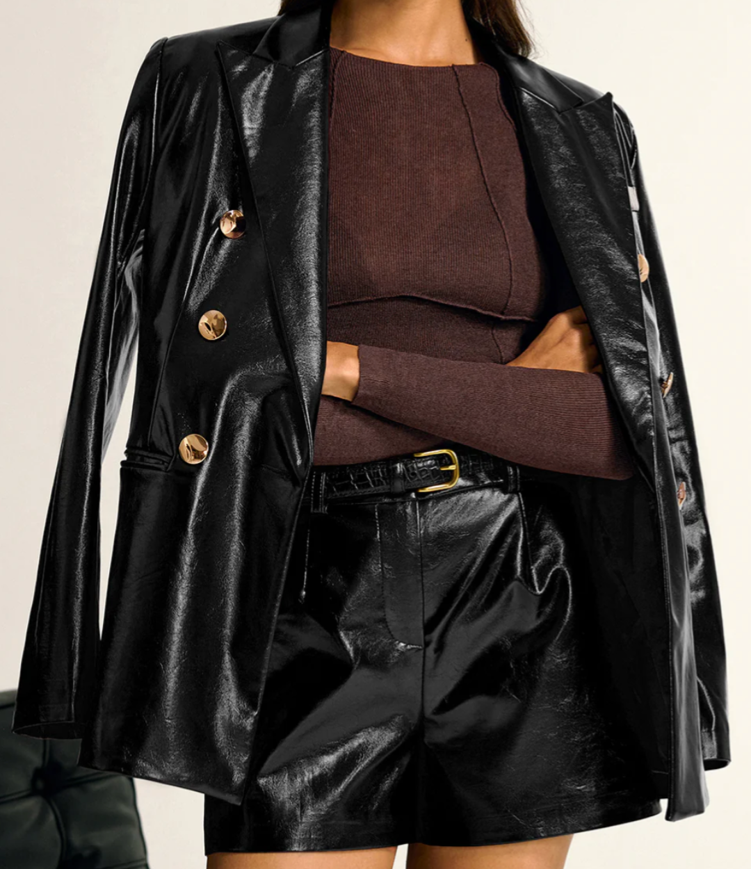 PuLeather Metal Button Lapel Pocket Blazer