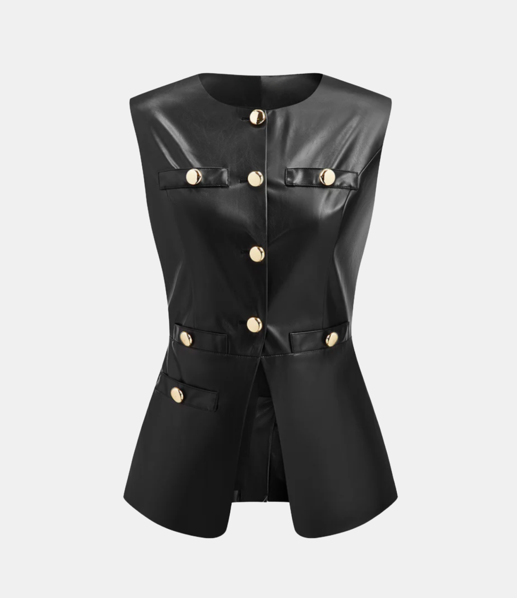 Metal button faux leather sleevless vest