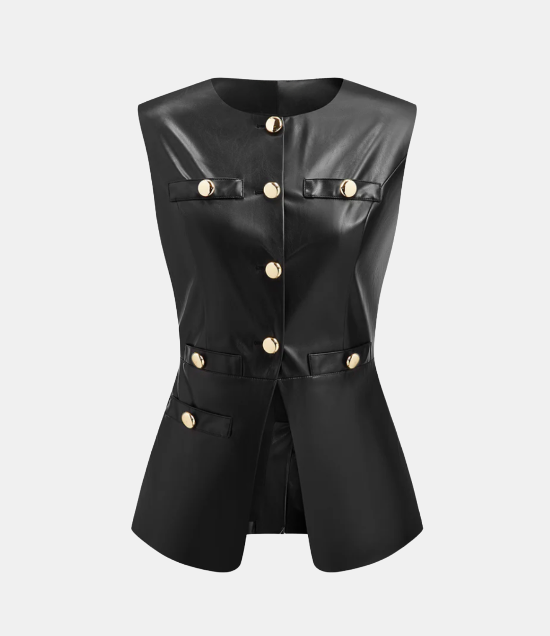Metal button faux leather sleevless vest