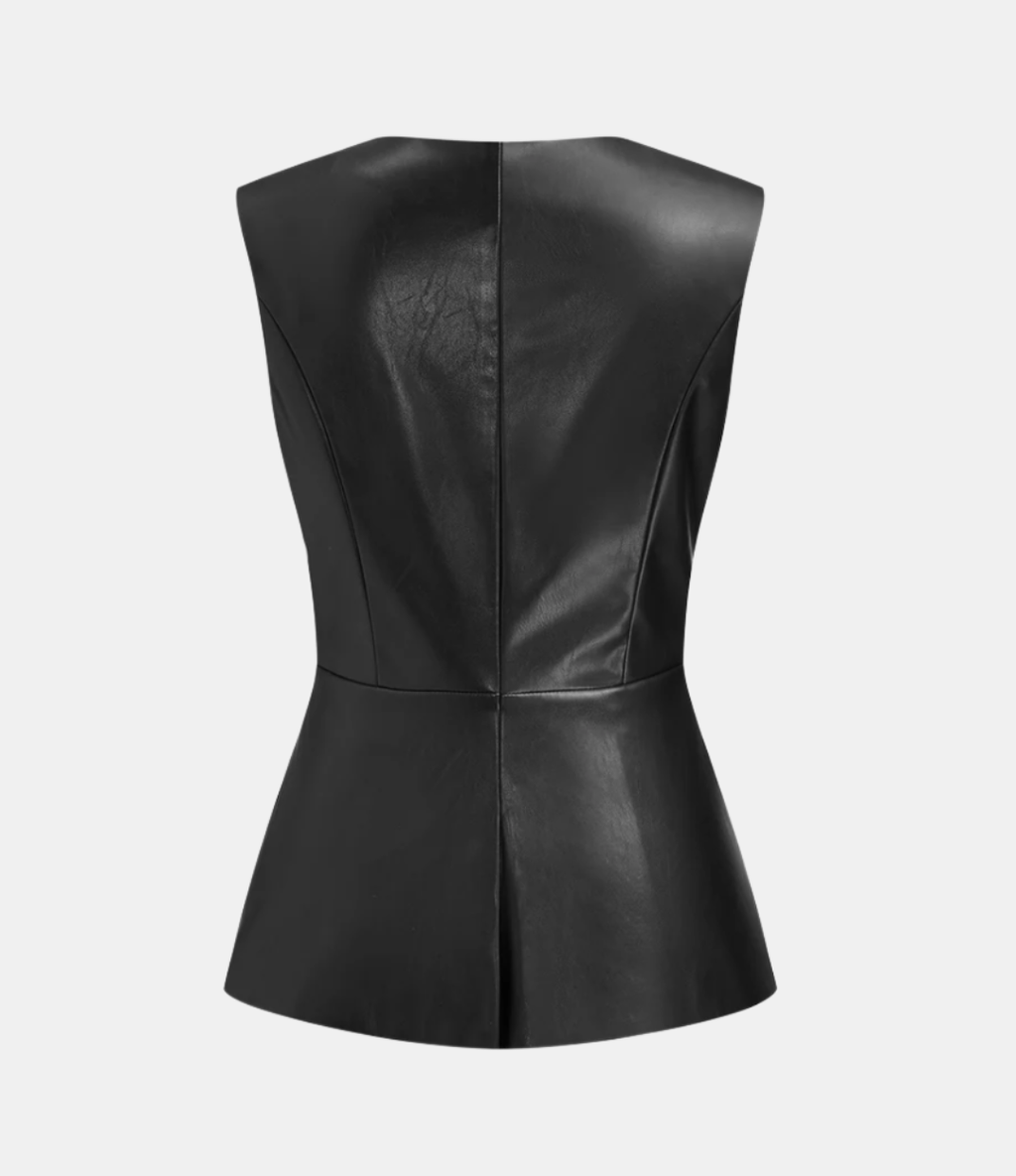 Metal button faux leather sleevless vest