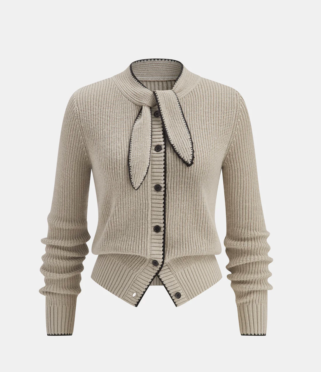 Tie Neck Contrasts Trim Wool Blend Cardigan