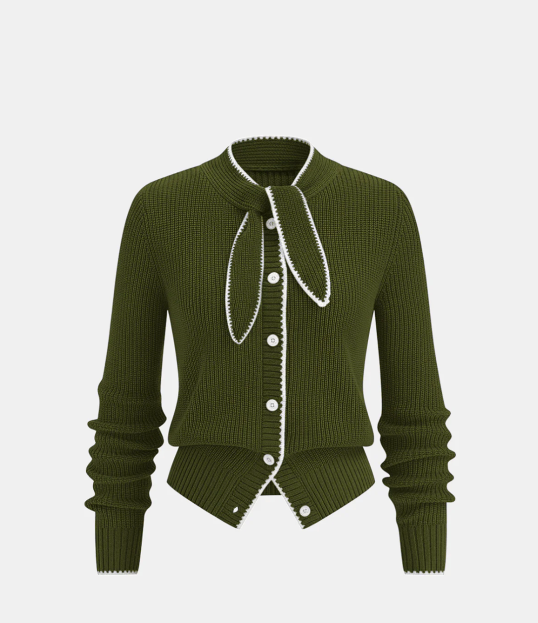 Tie Neck Contrasts Trim Wool Blend Cardigan