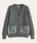 Contrast Trim Denim Panel Cardigan