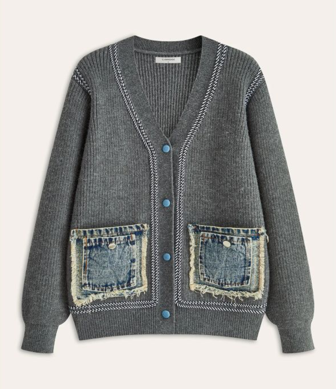 Contrast Trim Denim Panel Cardigan