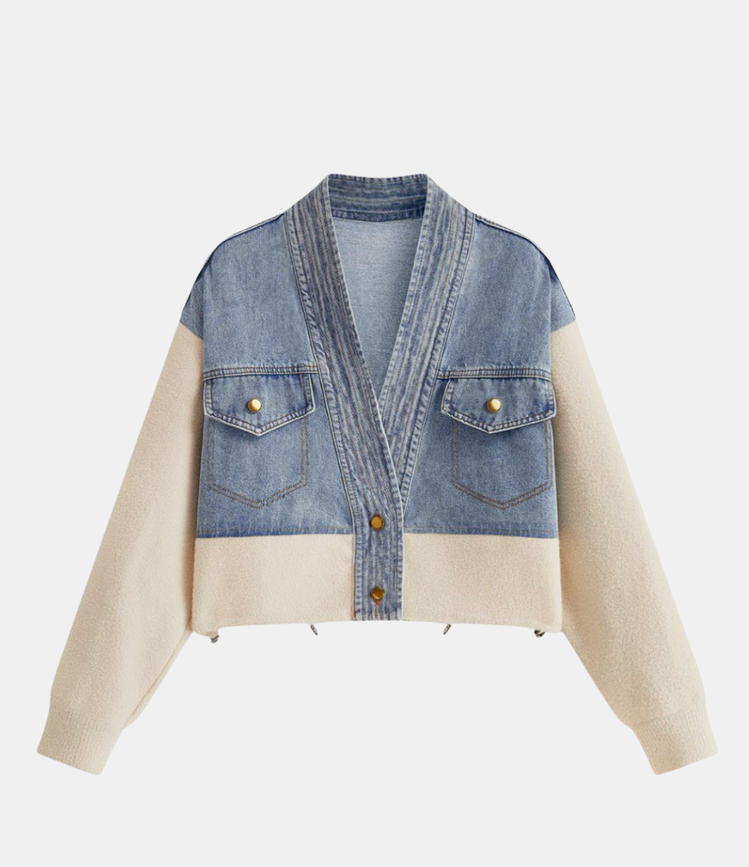 V-Neck Paneled Denim Cardigan