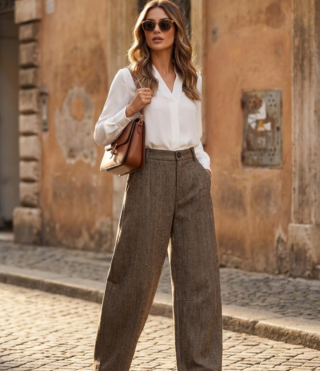 Mid-Waist Herringbone Curved-Leg Pants