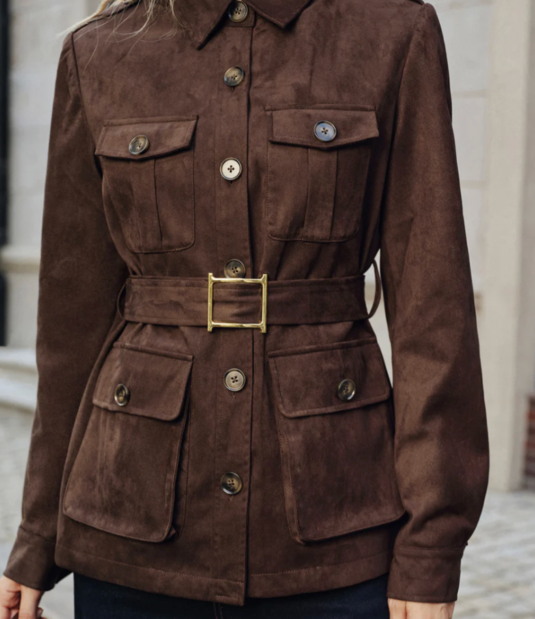 Multiple Pocket Belted Suede Trench Coat