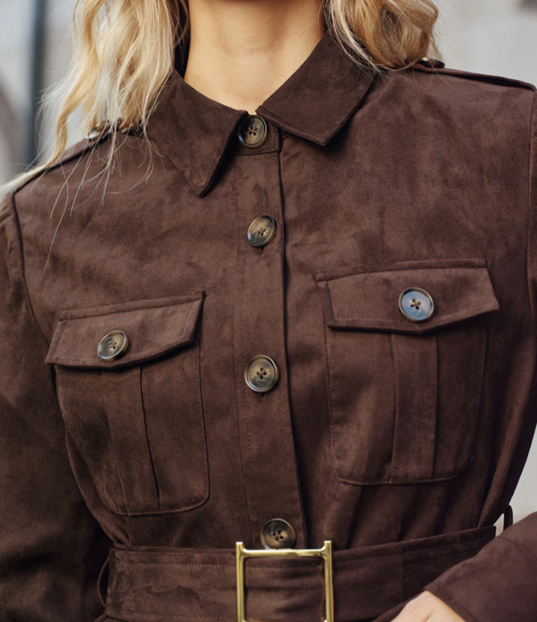 Multiple Pocket Belted Suede Trench Coat