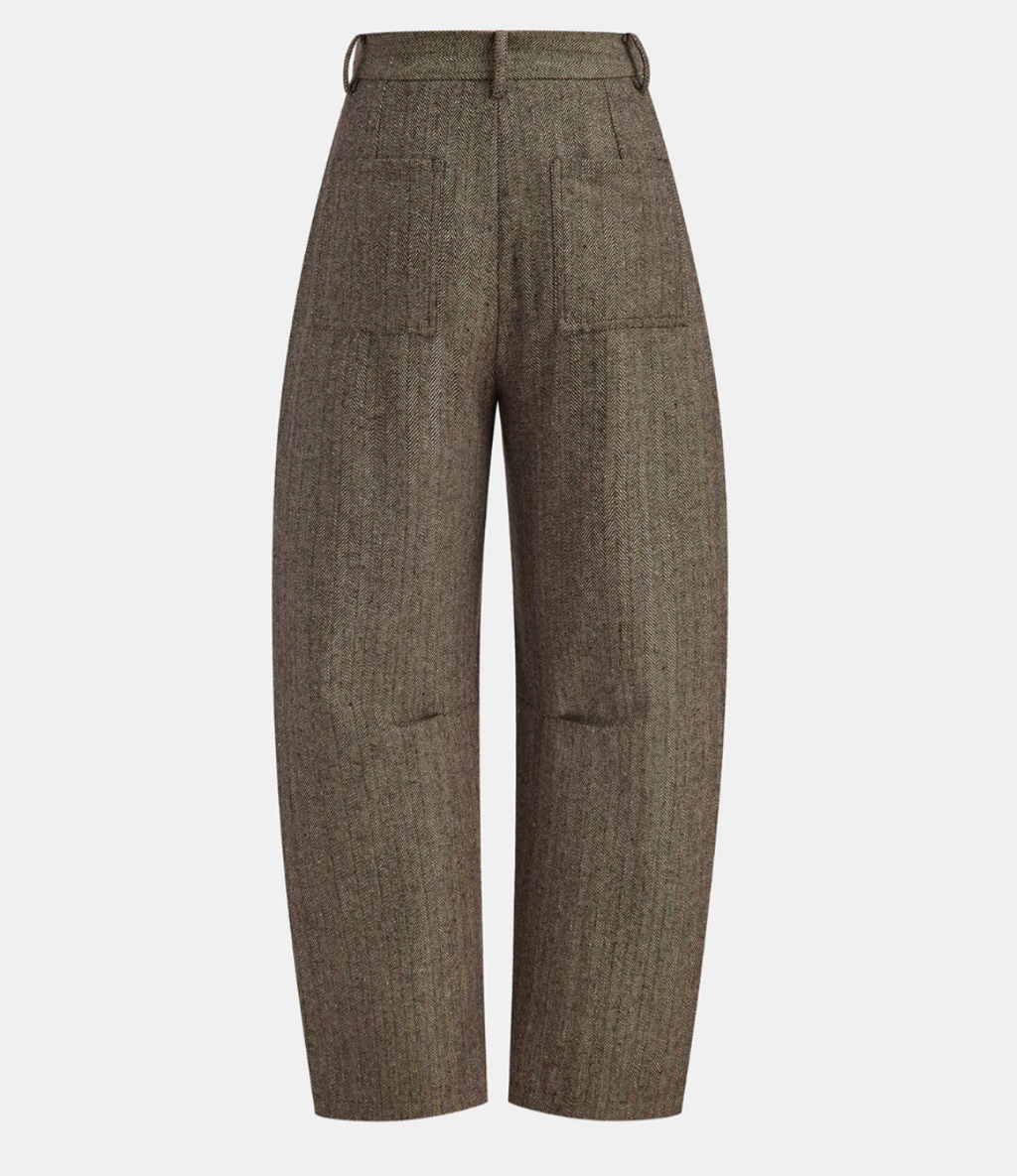 Mid-Waist Herringbone Curved-Leg Pants
