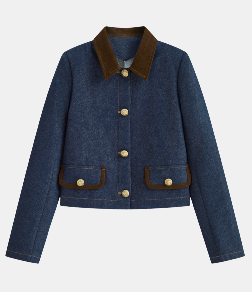 Metal Button Suede Collar Denim Jacket
