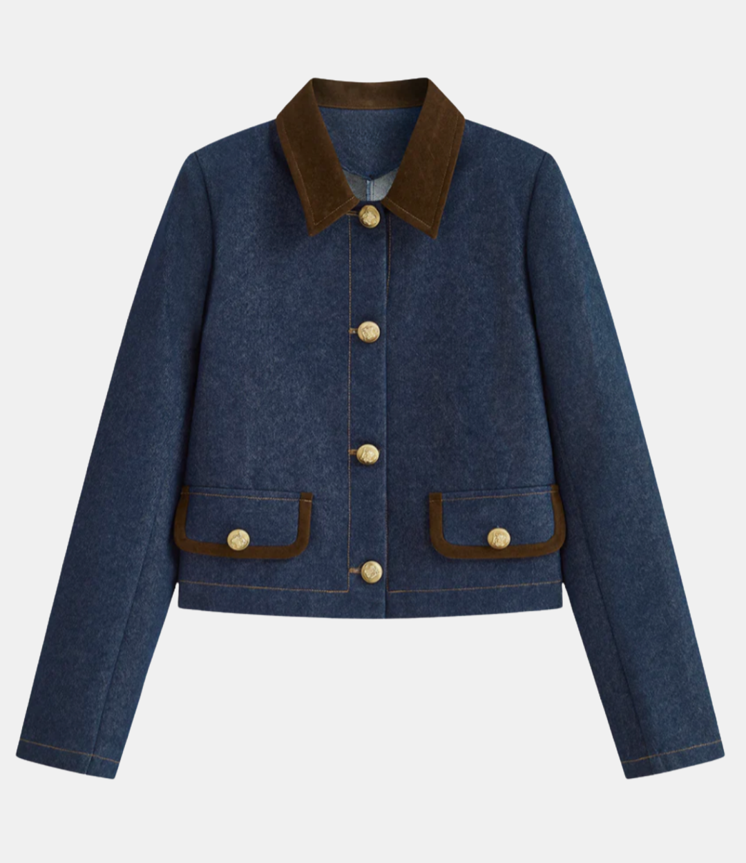 Metal Button Suede Collar Denim Jacket