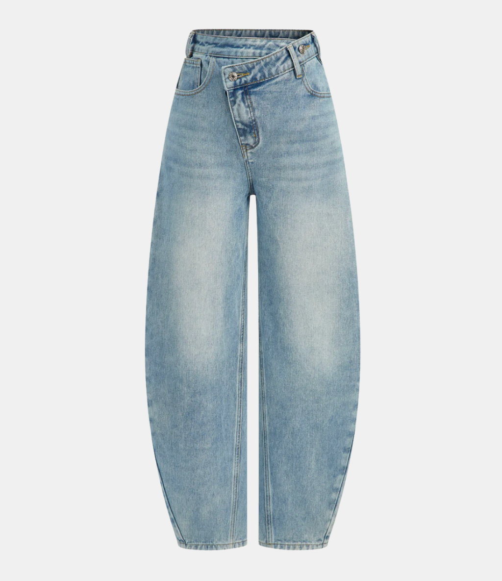 High-Waist Denim Asymmetric Curved-Leg Jeans