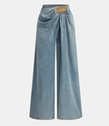 Asymmetrical Ruched Denim Wide-Leg Pants