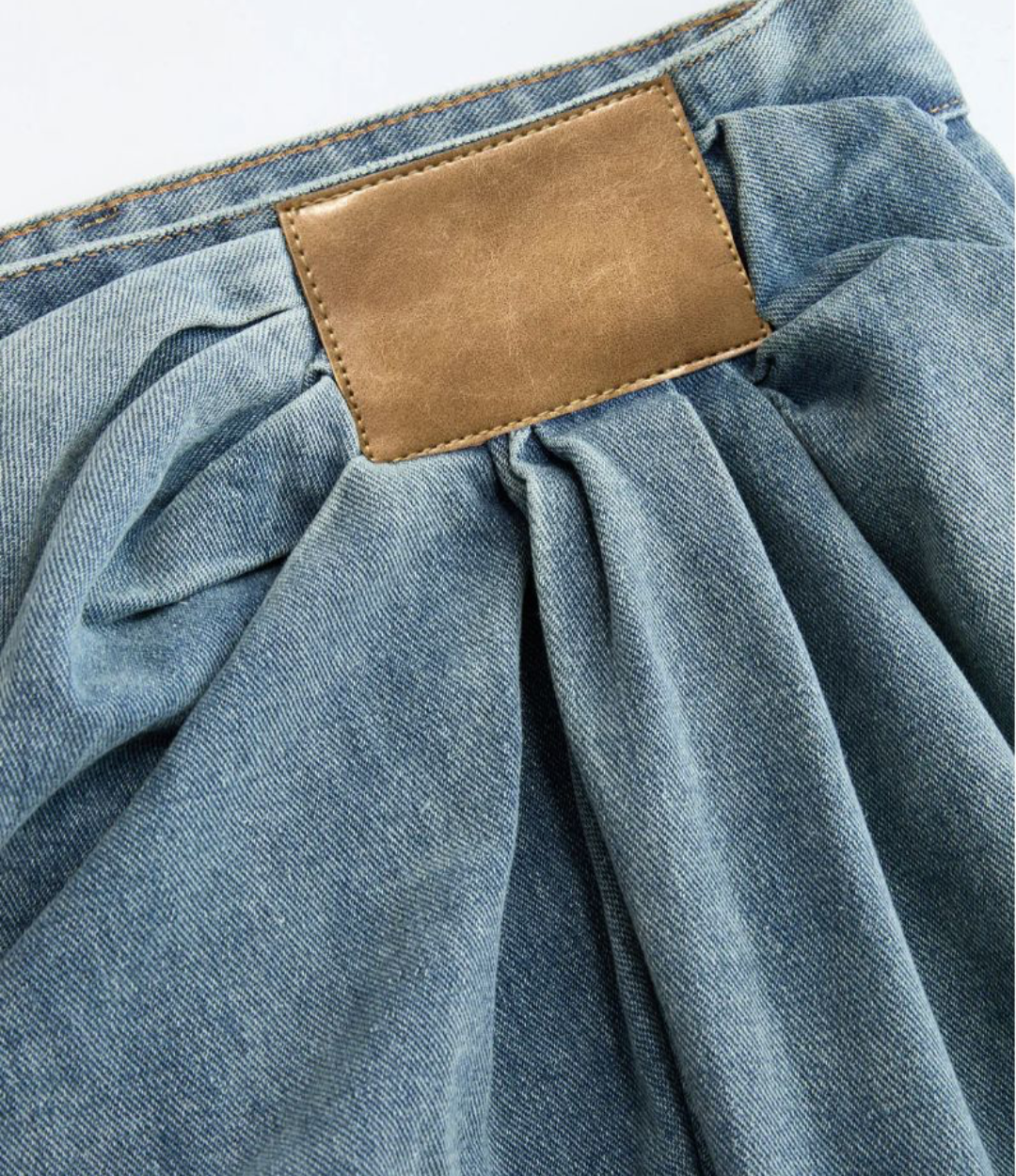 Asymmetrical Ruched Denim Wide-Leg Pants