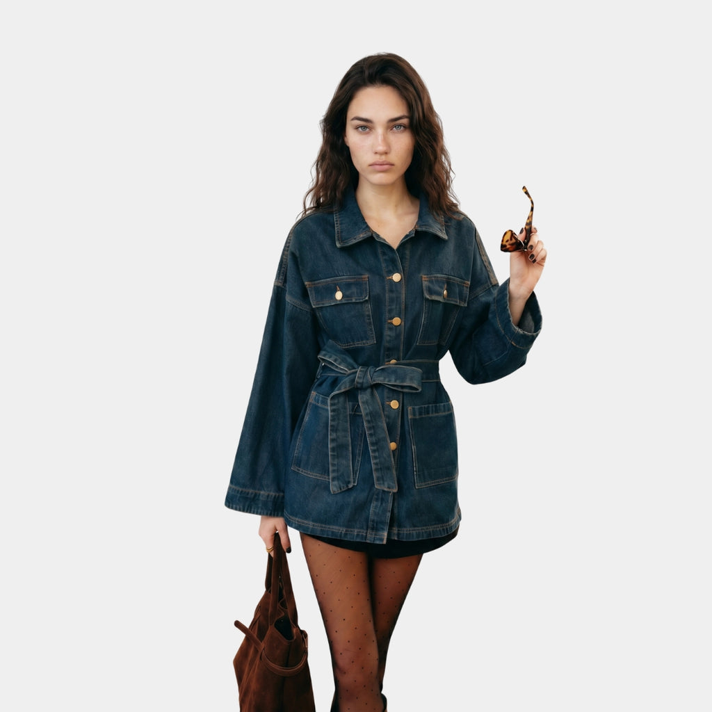 Chamarra denim cargo con cinturón azul
