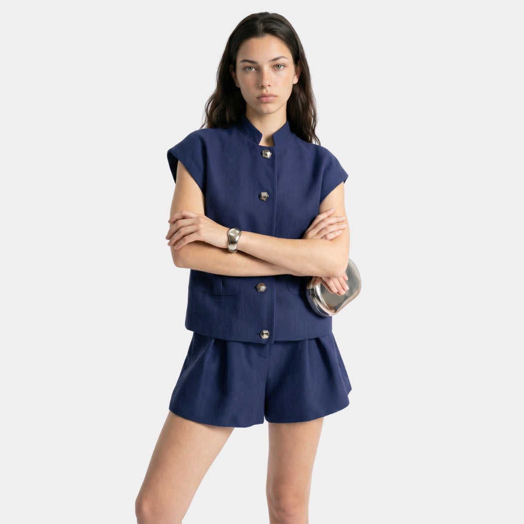 Set plisado cintura media azul