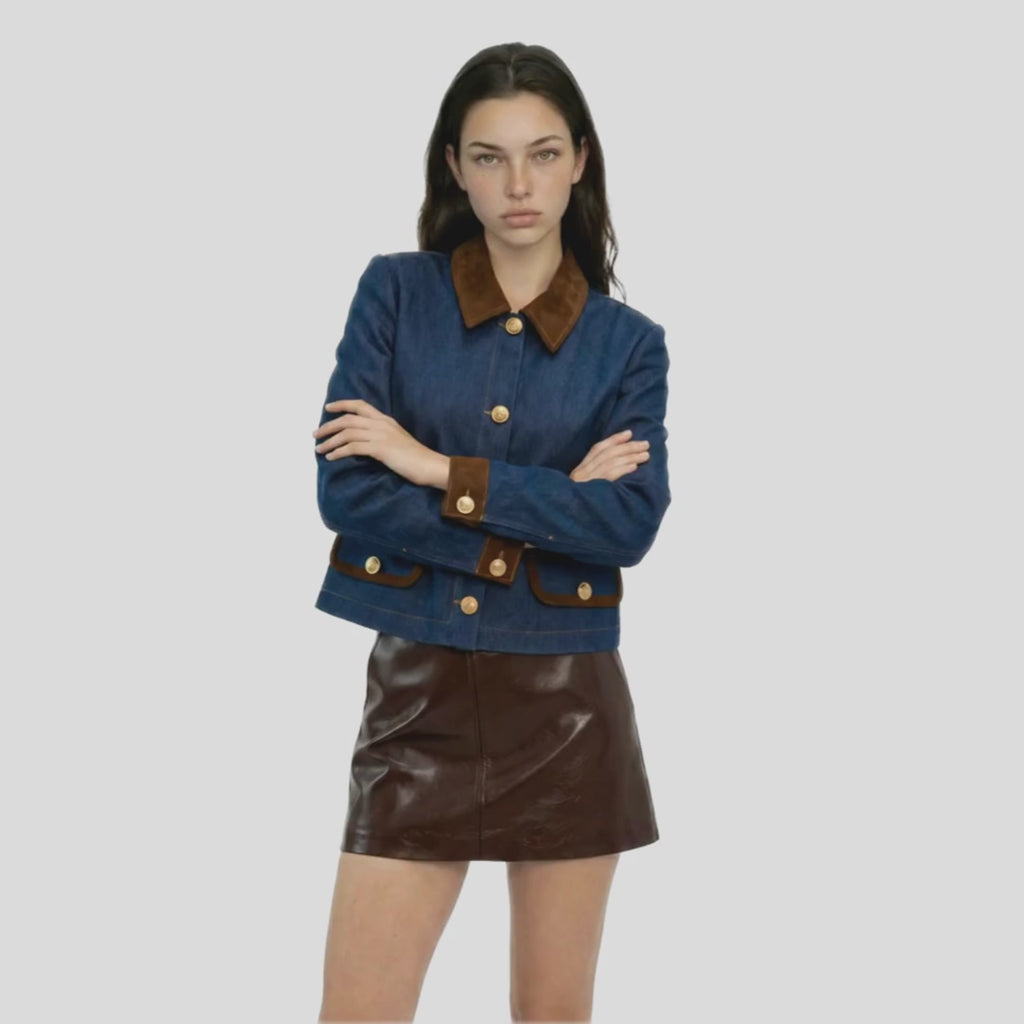 Chamarra denim cuello suede botones