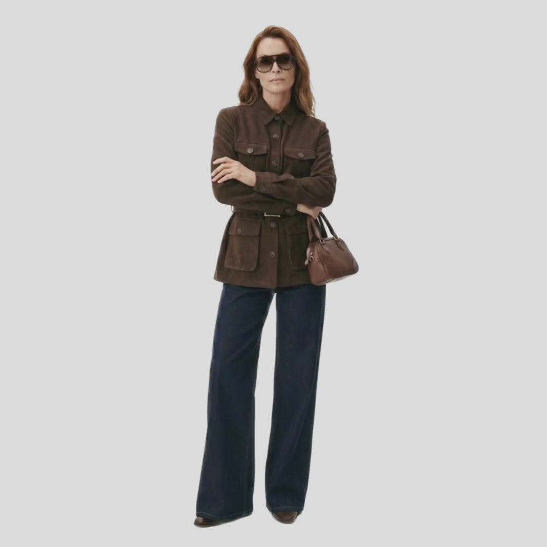Trench coat suede bolsillos múltiples café
