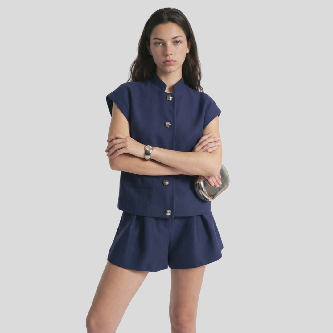 Set plisado cintura media azul