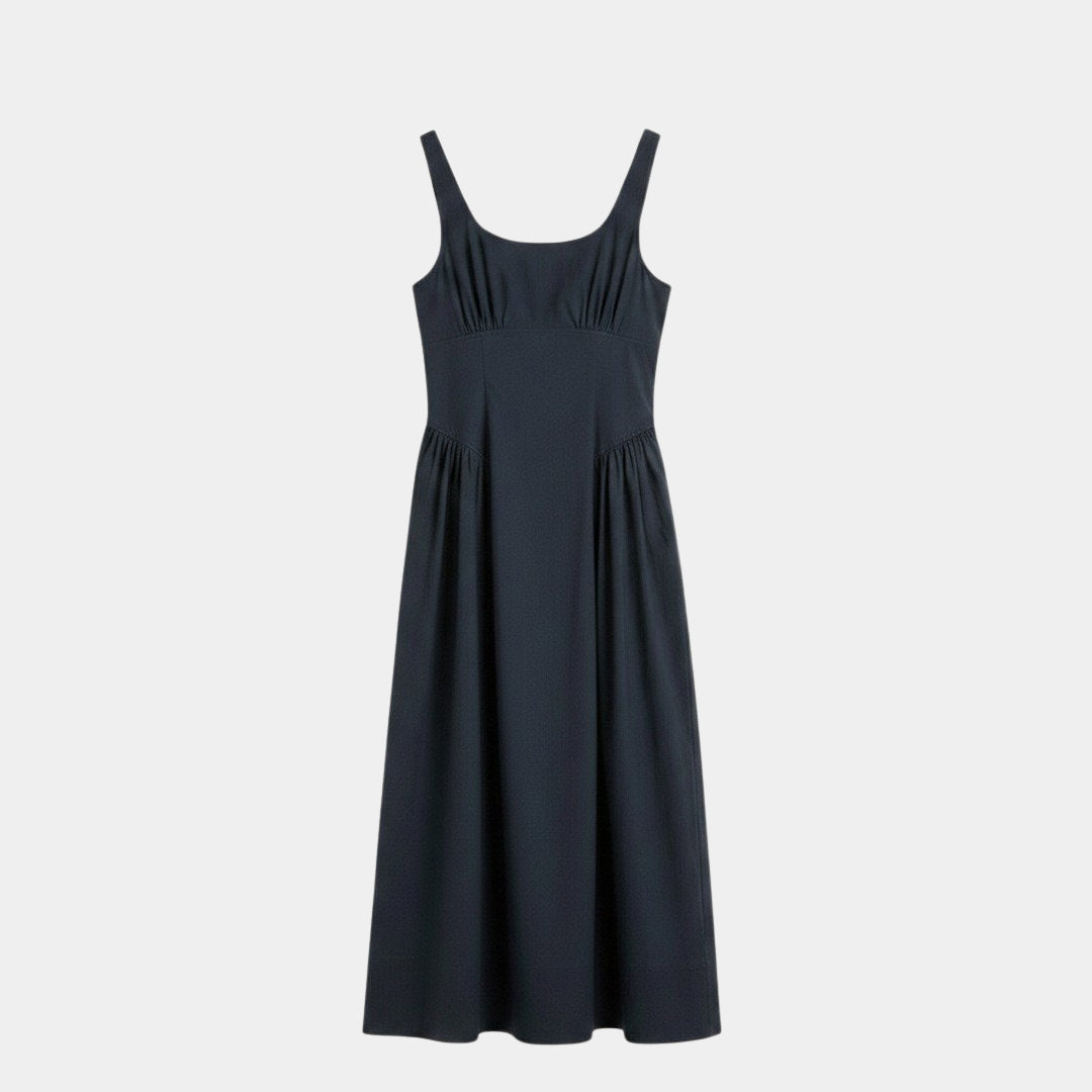 Vestido midi fruncido en cintura